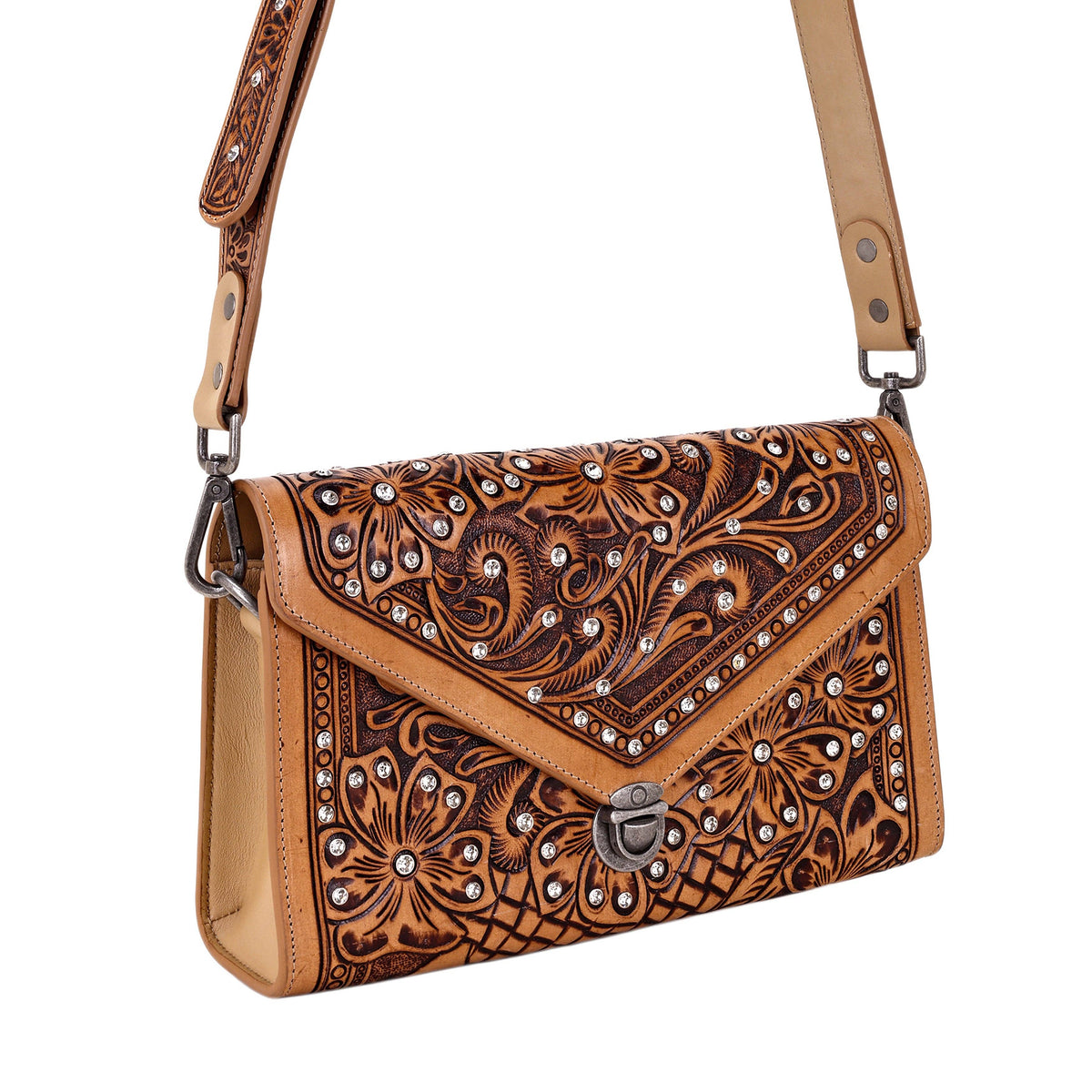 Myra Bag - Circe Hand Tooled Bag for Women in tan with rhinestones - Tan