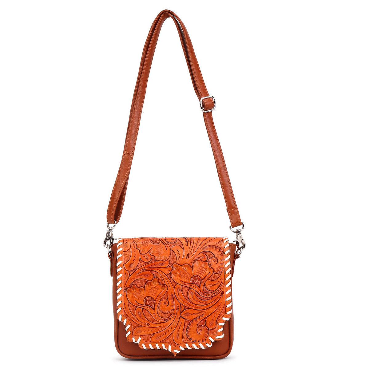 Sixtease Bags USA - Leather Cowhide Western Hand Tooled Women Small Crossbody - Black White Cowhide Inlay with Tan Floral Hand Tooled