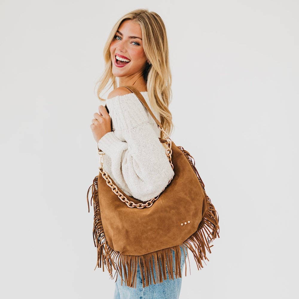 Pretty Simple - Loretta Suede Fringe Slouchy Bag - Chocolate