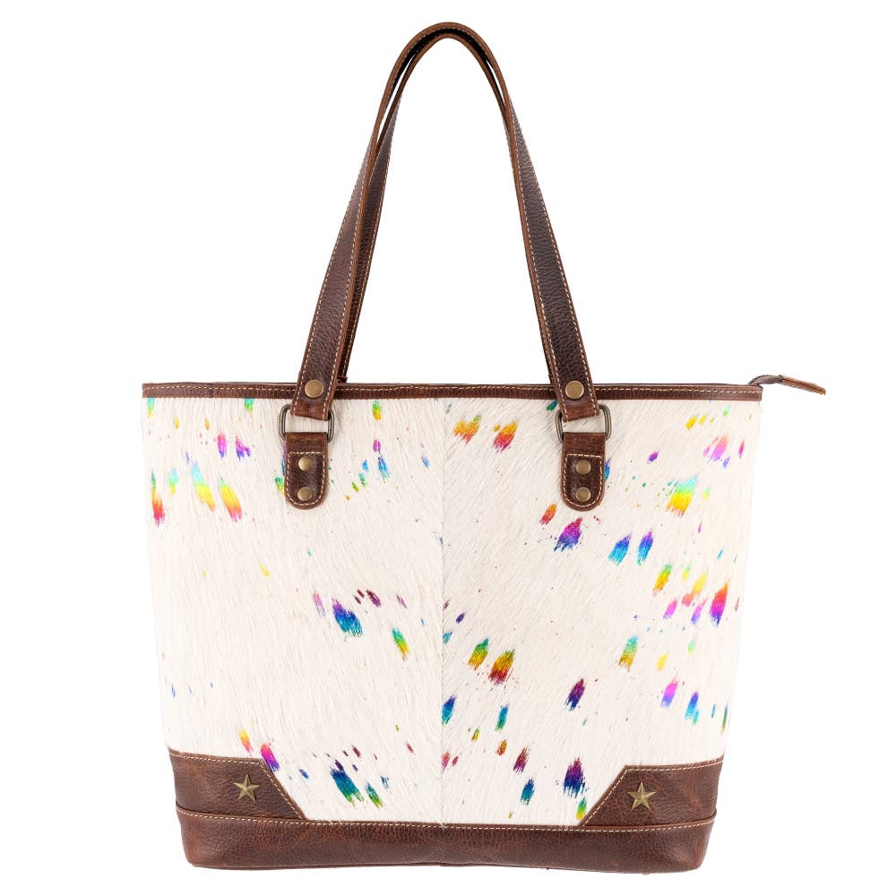 Sixtease Bags USA - Full Grain Leather & Acid Wash Cowhide Tote Bag - Women's - Tan/Gold