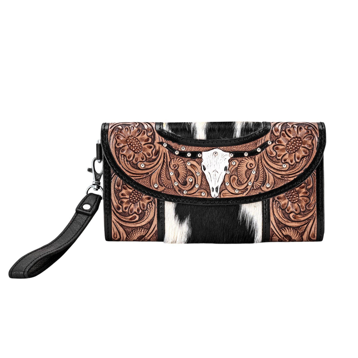 Myra Bag - Sandstone Trail Wristlet Wallet for Women in black with hair on and hand tooled steer skull - Black