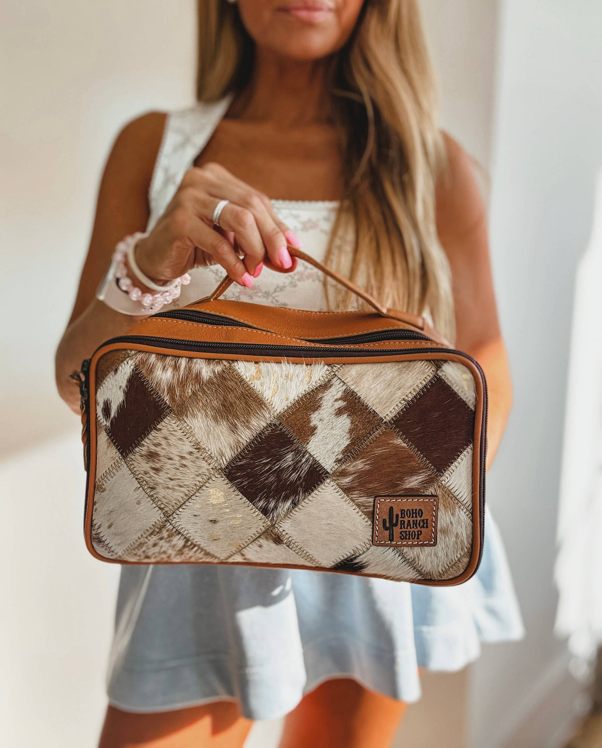 Boho Ranch Shop - MUA COWHIDE COSMETICS TRAVEL bag Genuine Leather makeup mua - TAN + WHITE COWHIDE