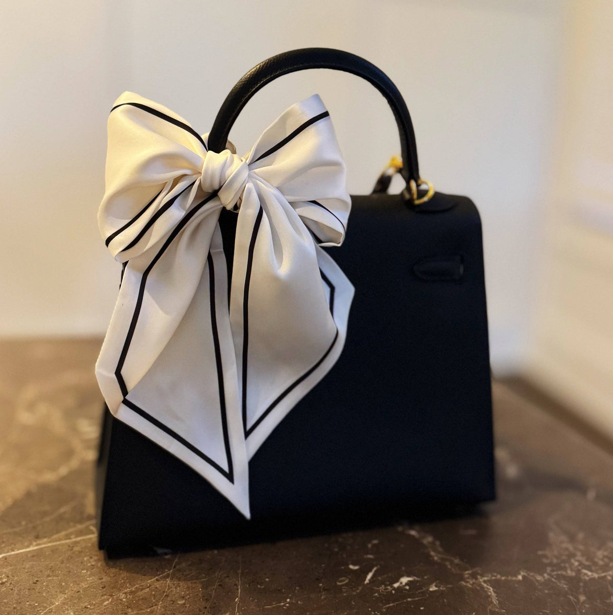 Ellison+Young - Chic Contrast Edge Ribbon Scarf – Stylish Accent for Bags, Hair & More - White