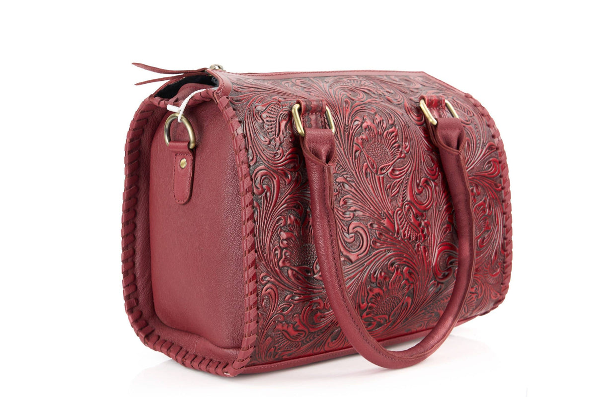 Leather Impressions Inc - Red Tooled Leather Barrel Bag – ABHB 18-26113