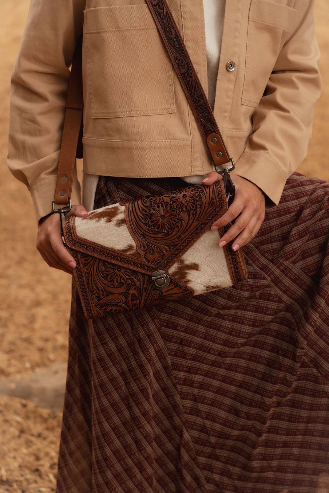 Myra Bag - Circe Hand Tooled Bag for Women in tan with hairon - Tan