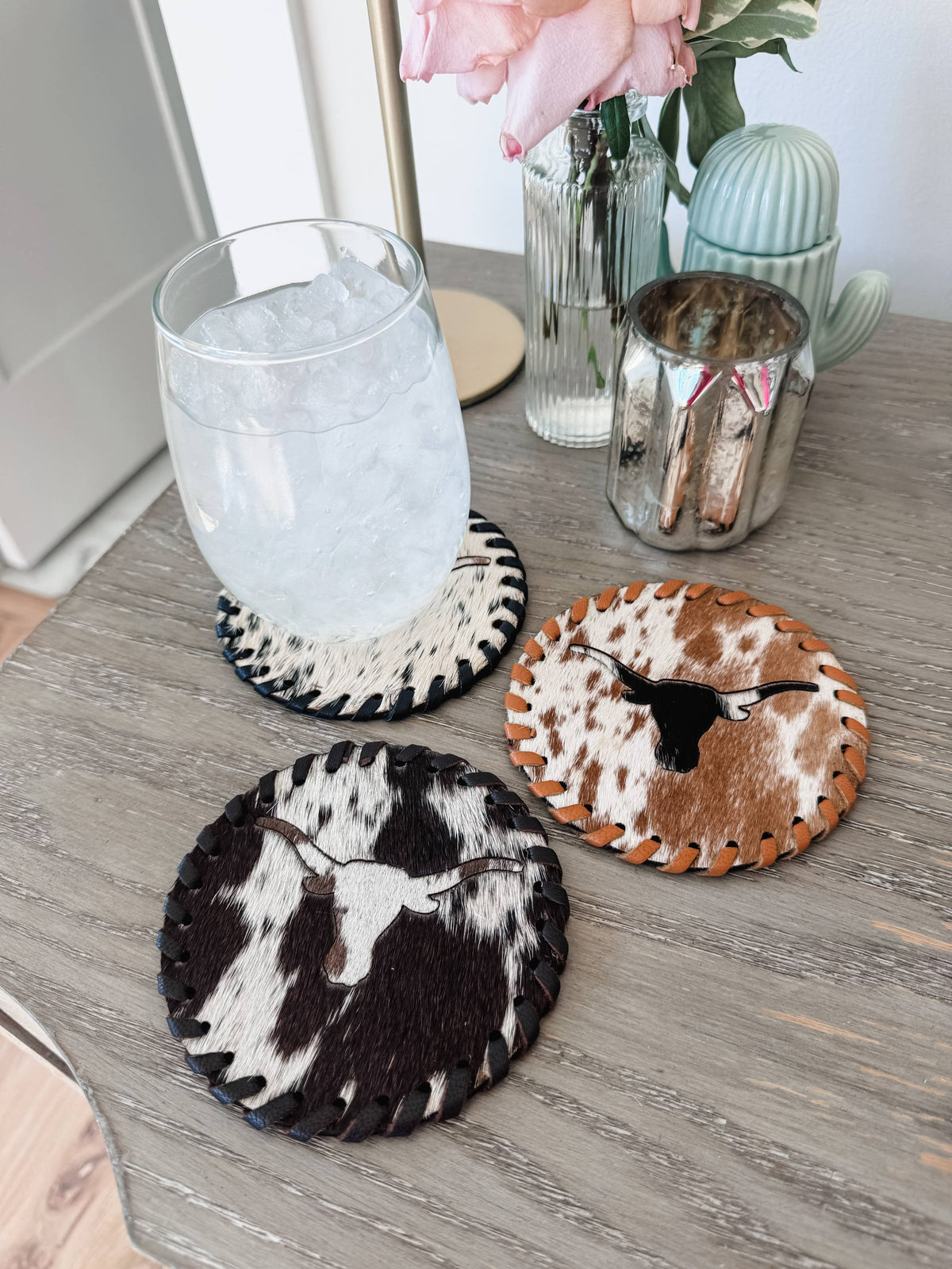Boho Ranch Shop - Genuine Cowhide Leather Coasters P| Western Hair-On Hide - LONGHORN - BROWN/WHITE