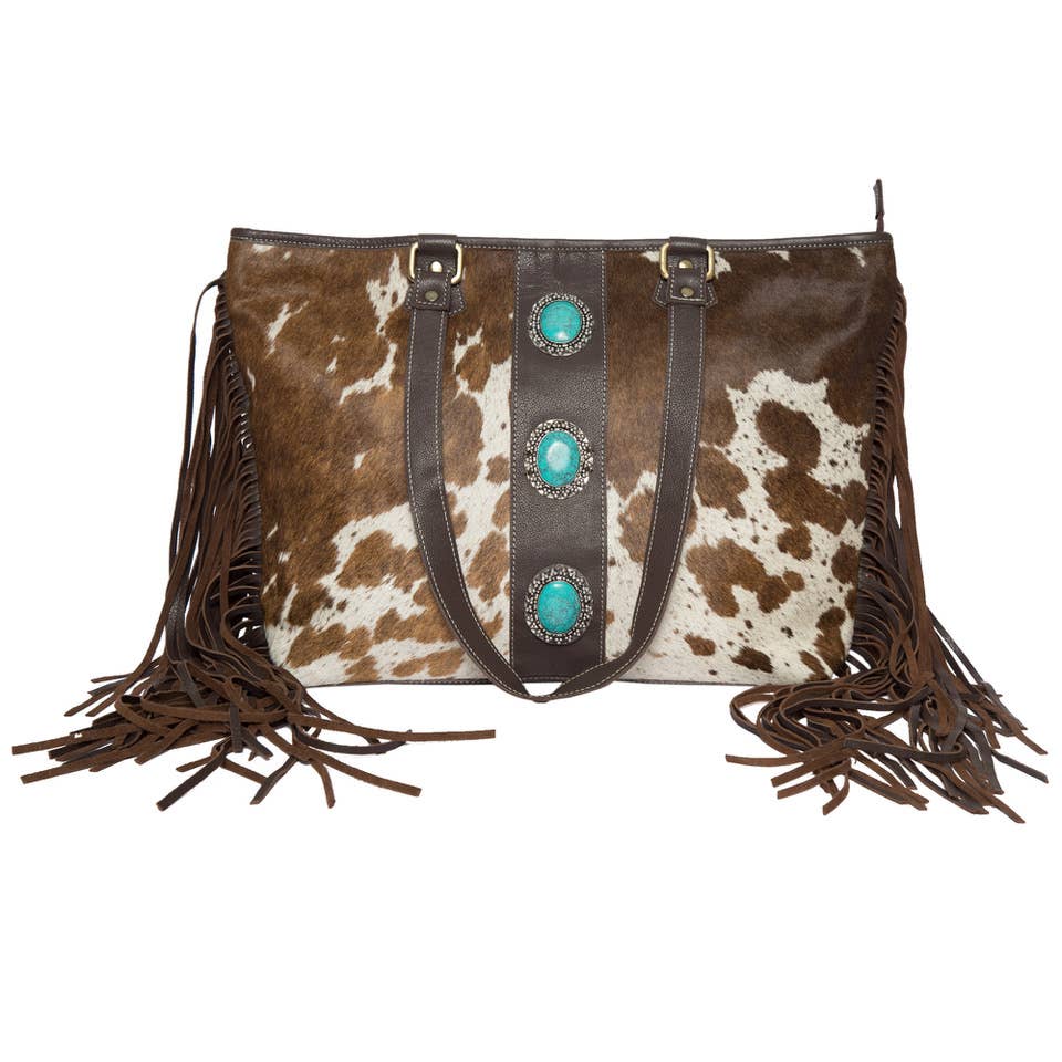 Cowhide Bag With Turq Stonework & Fringes- Langford - Black & White / With Fringe
