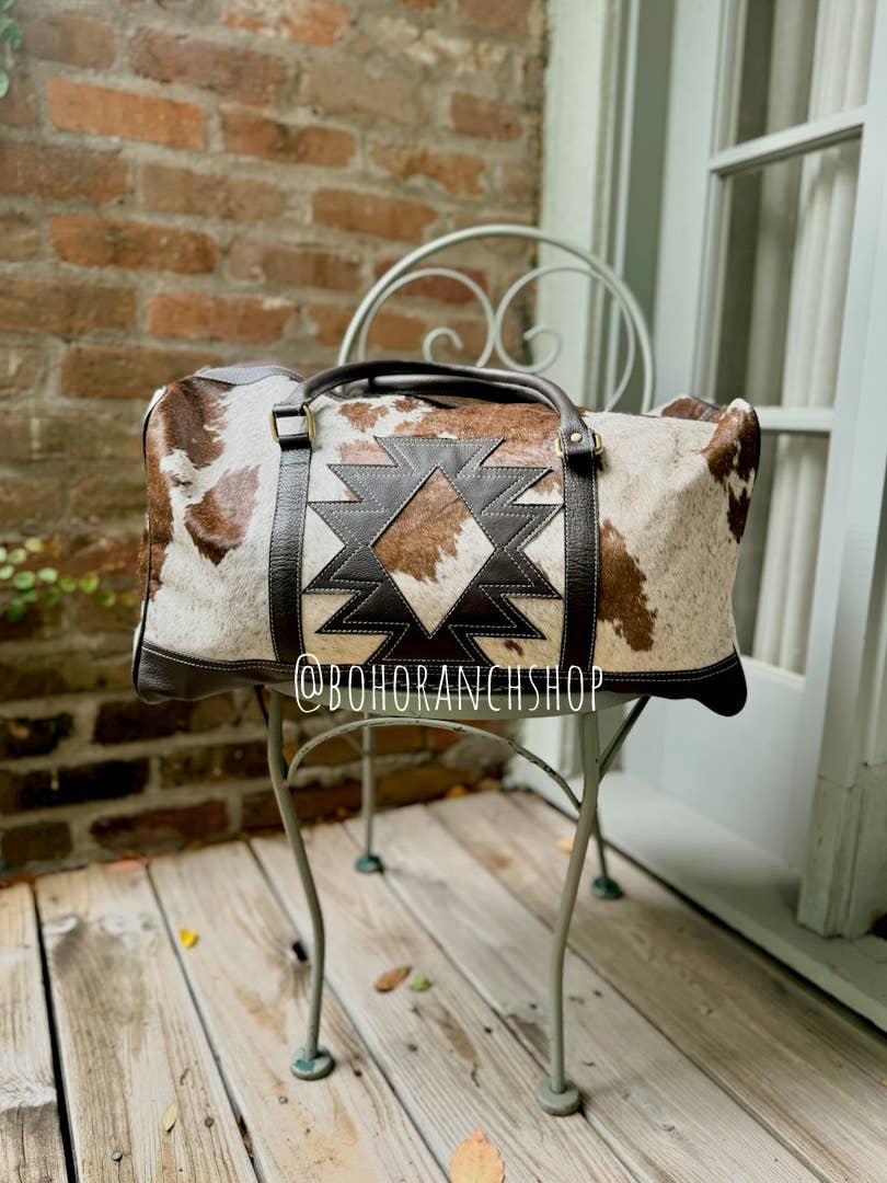 Boho Ranch Shop - AZTEC TRAVEL DUFFLE leather hair on cowhide travel bag