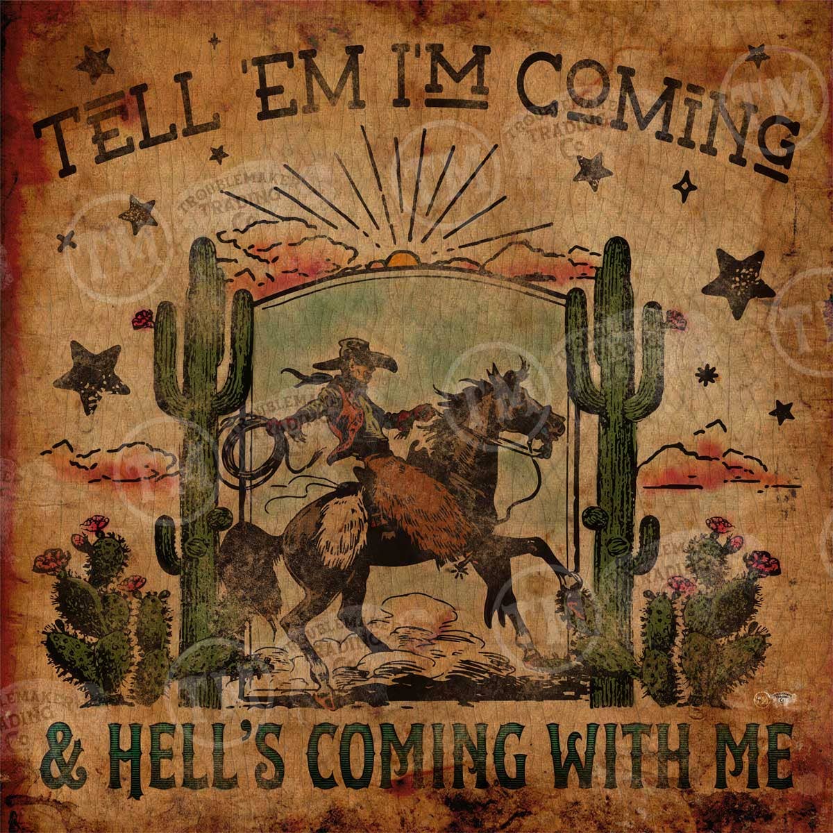TroubleMaker Trading Company - Hells Coming -Square Framed Artwork - Extra Small -10"