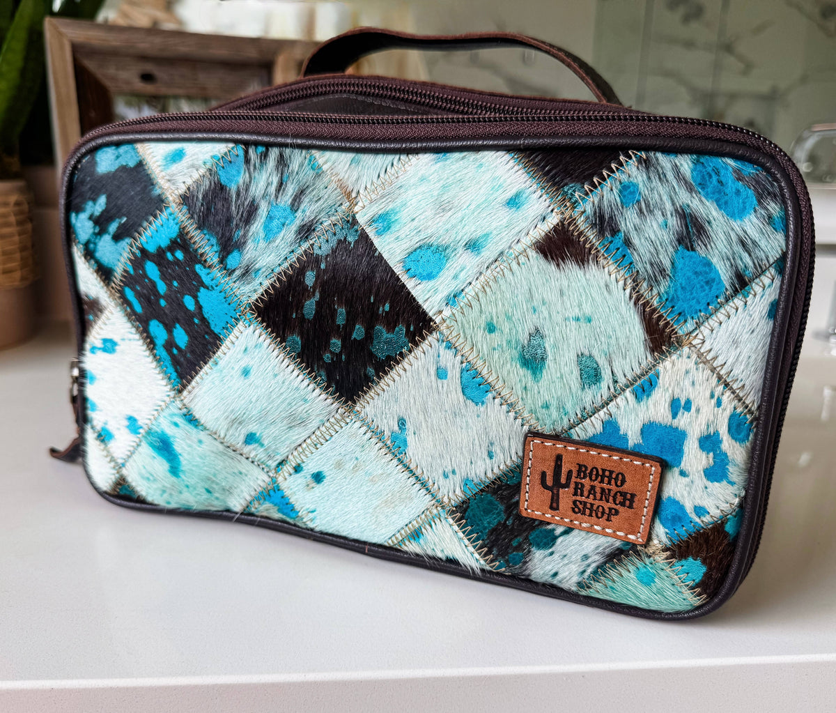 Boho Ranch Shop - MUA COWHIDE COSMETICS TRAVEL bag Genuine Leather makeup mua - TAN + WHITE COWHIDE