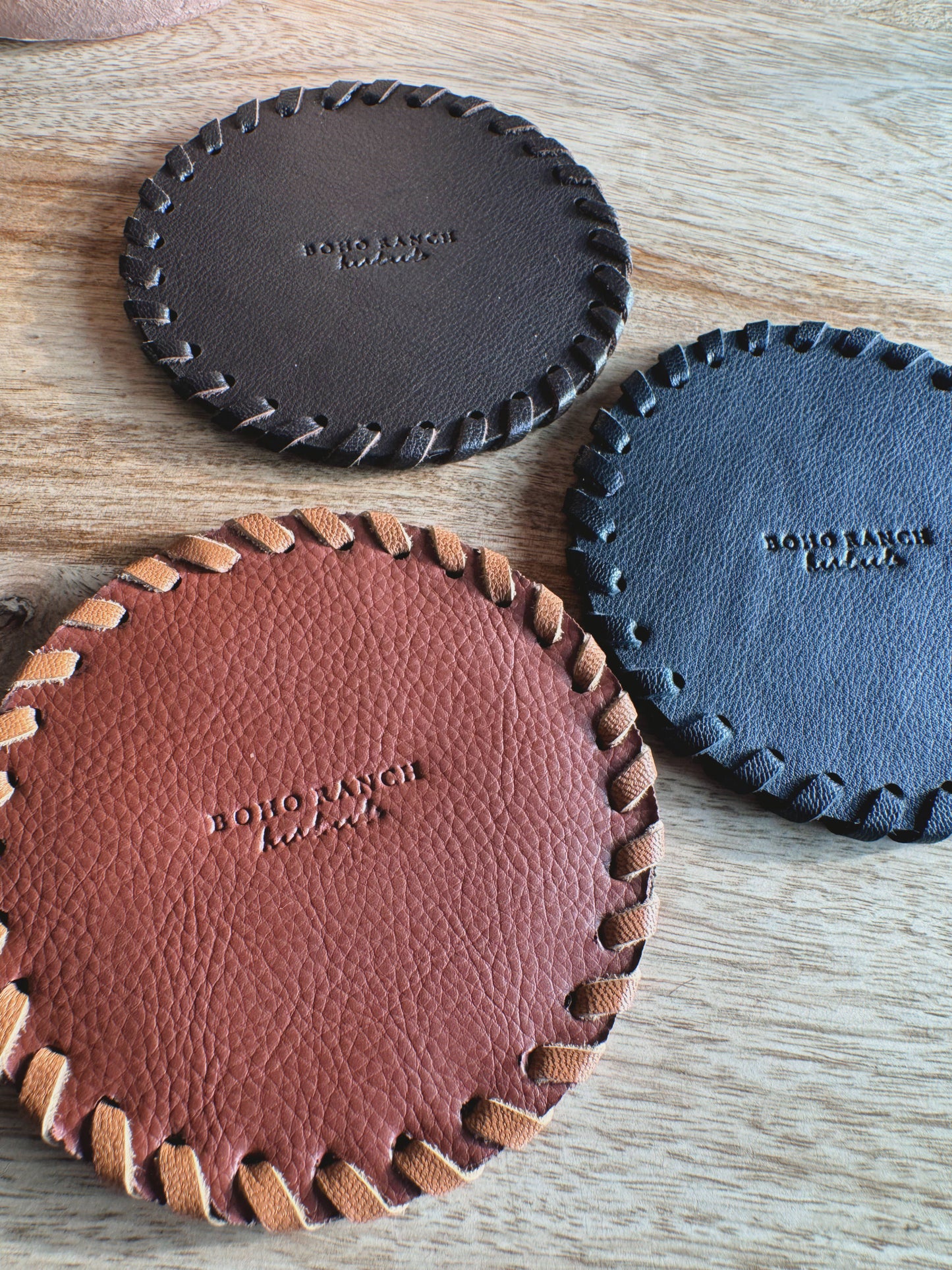 Boho Ranch Shop - Genuine Cowhide Leather Coasters P| Western Hair-On Hide - LONGHORN - BROWN/WHITE