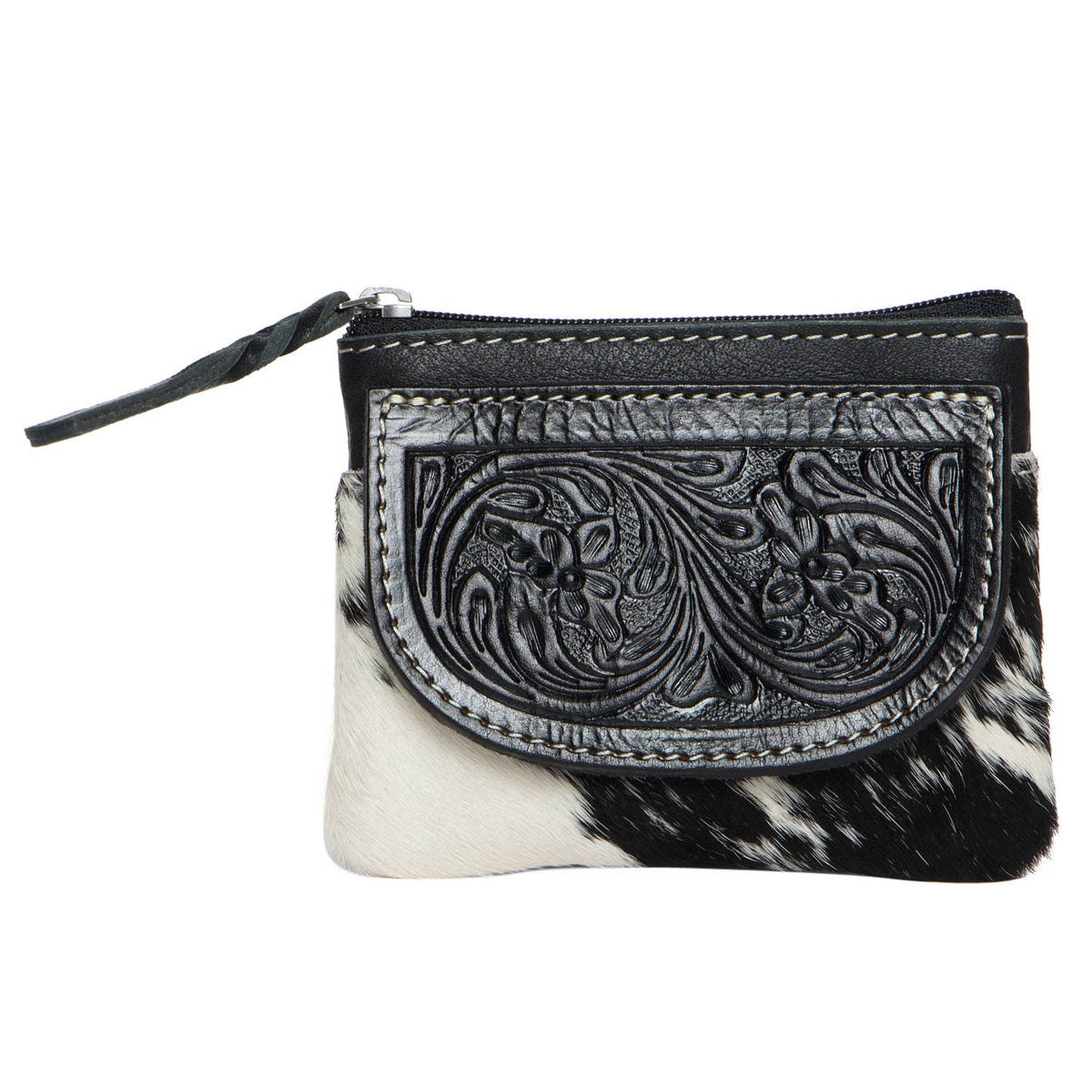 Tooling Leather Cowhide Zip Purse - Black & White