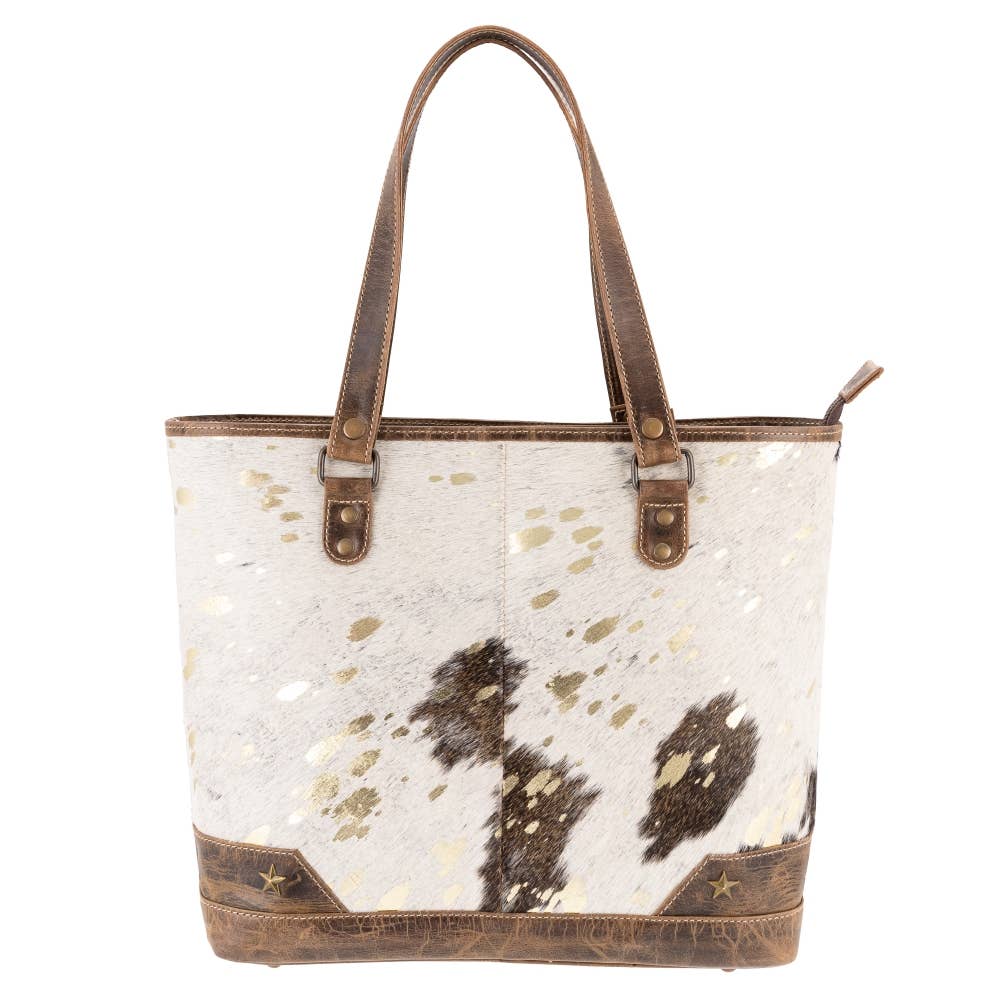 Sixtease Bags USA - Full Grain Leather & Acid Wash Cowhide Tote Bag - Women's - Tan/Gold
