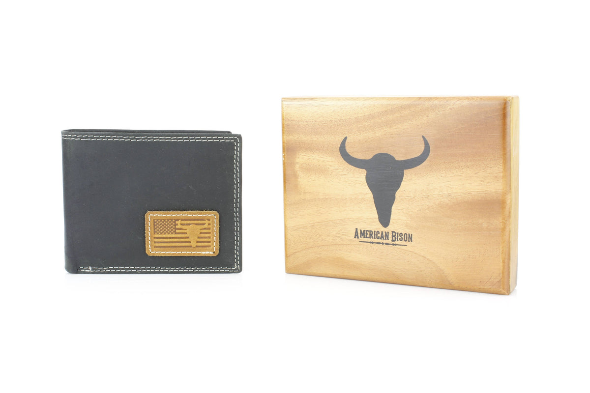 Leather Impressions Inc - Bi-Fold Wallet with Flag & Bison Skull ABMW 25-2008 - Black