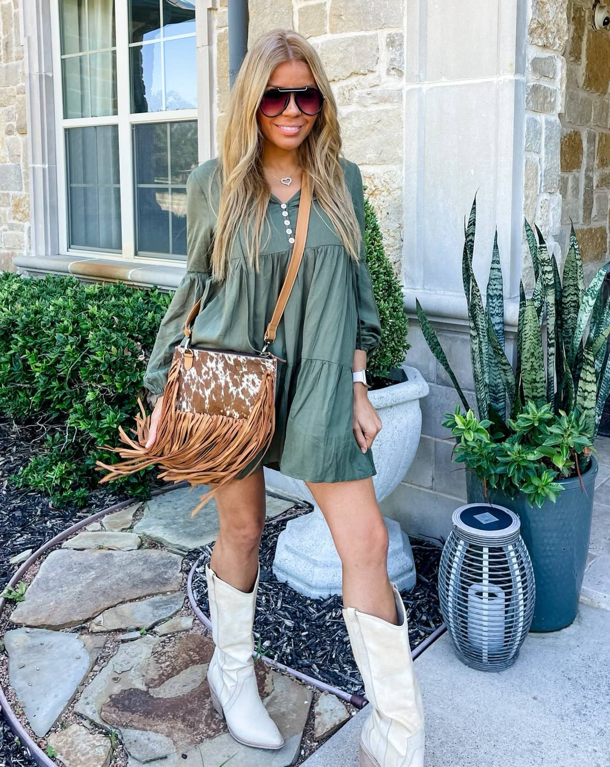 Boho Ranch Shop - THE JESSE CROSSBODY cowhide fringe tassel purse bag - BROWN LEATHER