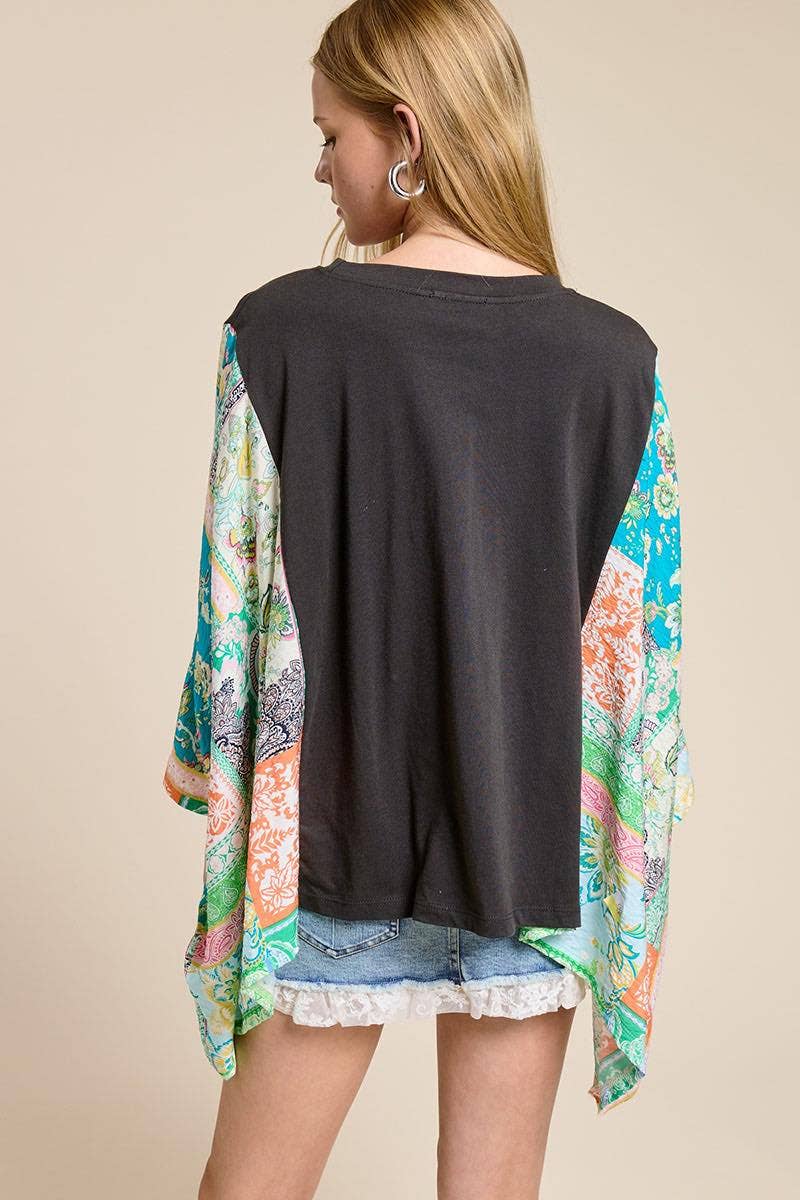 Zutter - Howdy Western Cowboy Graphic Rustic Sheer Sleeves Kaftan Top - BLACK / L