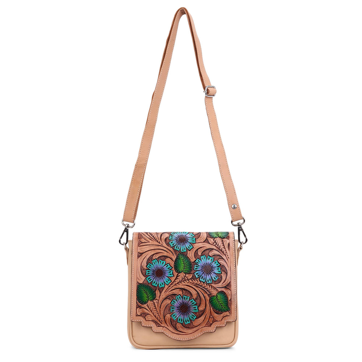 Sixtease Bags USA - Leather Cowhide Western Hand Tooled Women Small Crossbody - Black White Cowhide Inlay with Tan Floral Hand Tooled