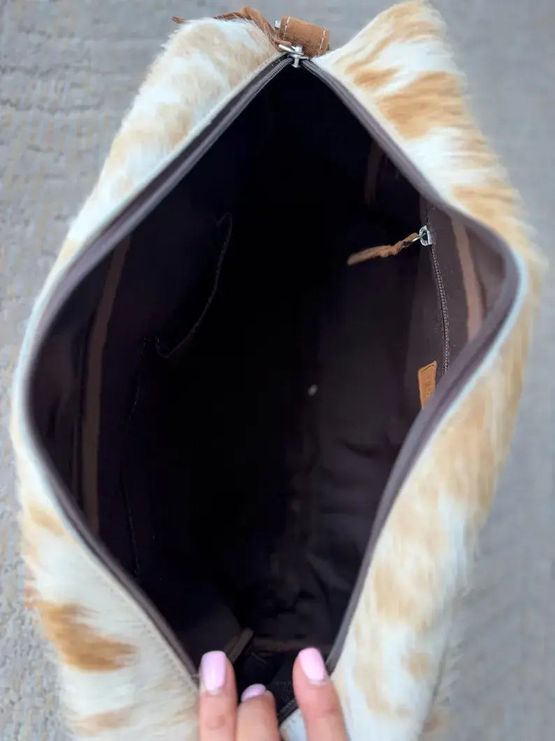Boho Ranch Shop - Weekender Duffle Leather Hair On Cowhide Duffel Travel Bag - Brown +White Cowhide