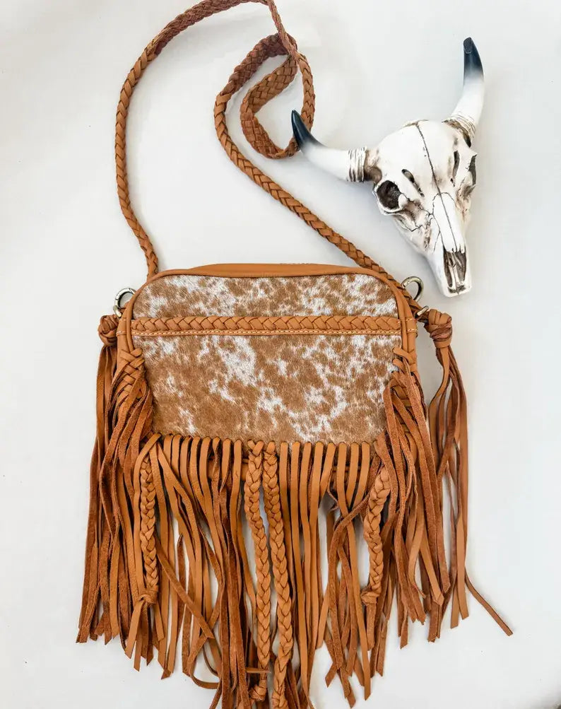 Boho Ranch Shop - THE MEGAN CROSSBODY cowhide Western Tooled Leather purse - TAN + WHITE COWHIDE