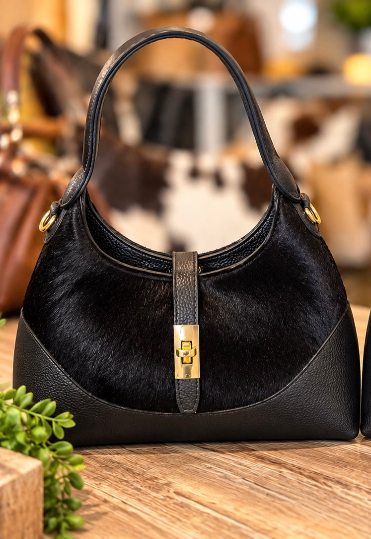 🖤 Midnight Belle — Solid Black Hair-On Cowhide Hobo - made in Italy