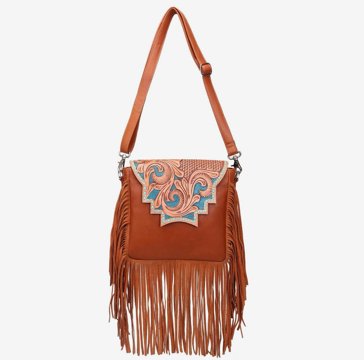 Leather/ tooled crossbody with fringe