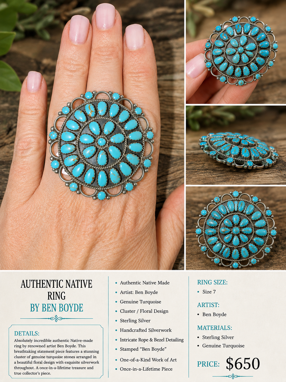 Authentic Native Turquoise Cluster Ring by Ben Boyd