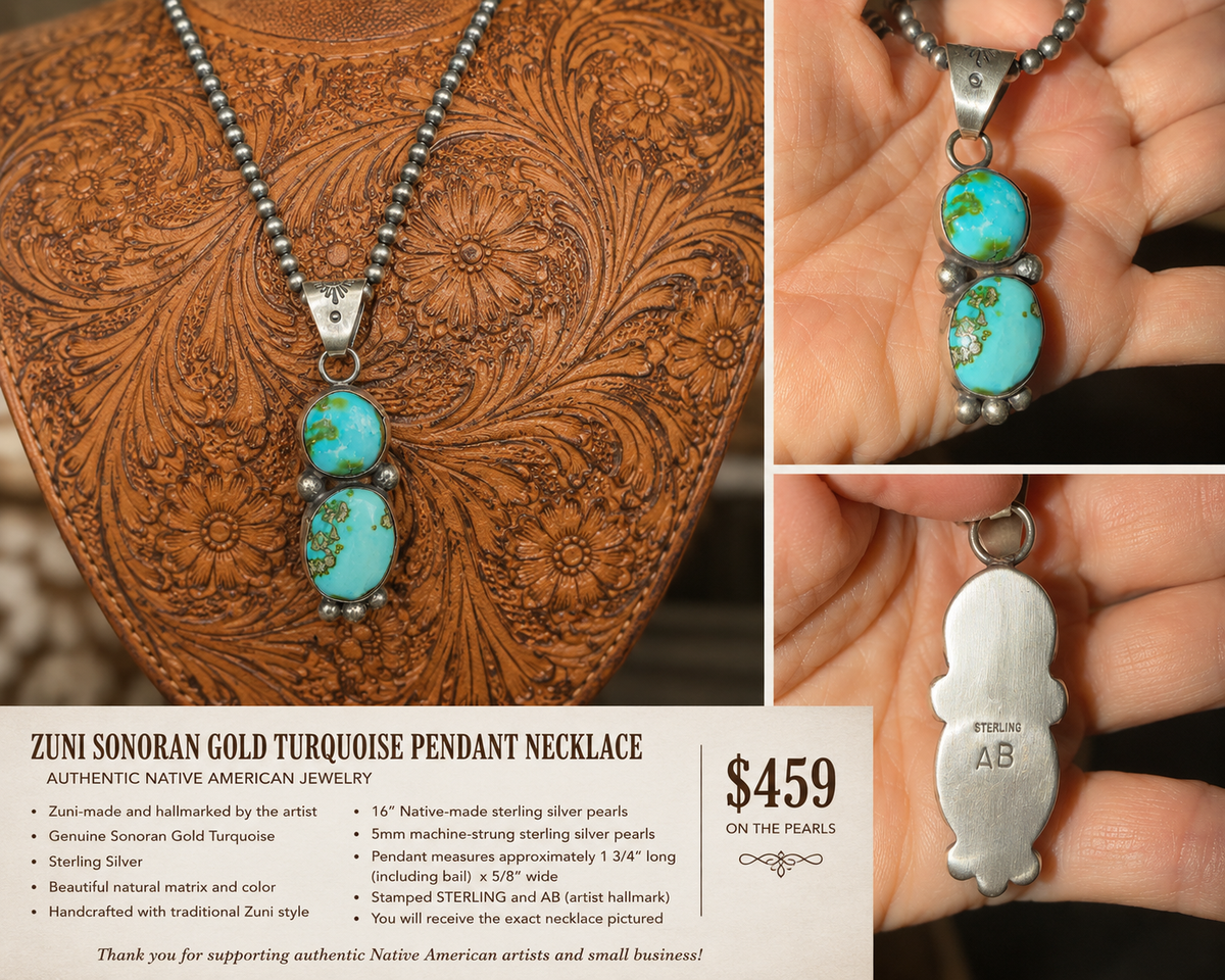 ZUNI SONORAN GOLD TURQUOISE PENDANT NECKLACE • $399