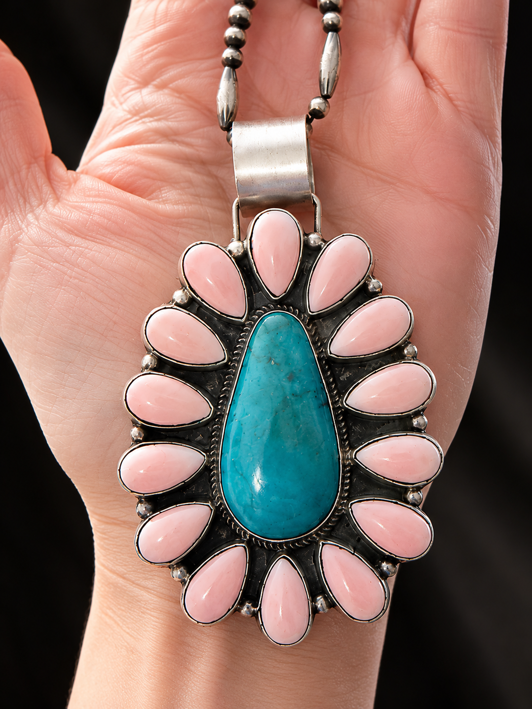 Navajo Made • Geraldine James • Kingman Turquoise • Pink Conch • Sterling Silver • Artist Stamped ( pendant only)