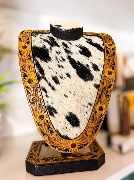 Sunflower and cowhide large necklace bust!