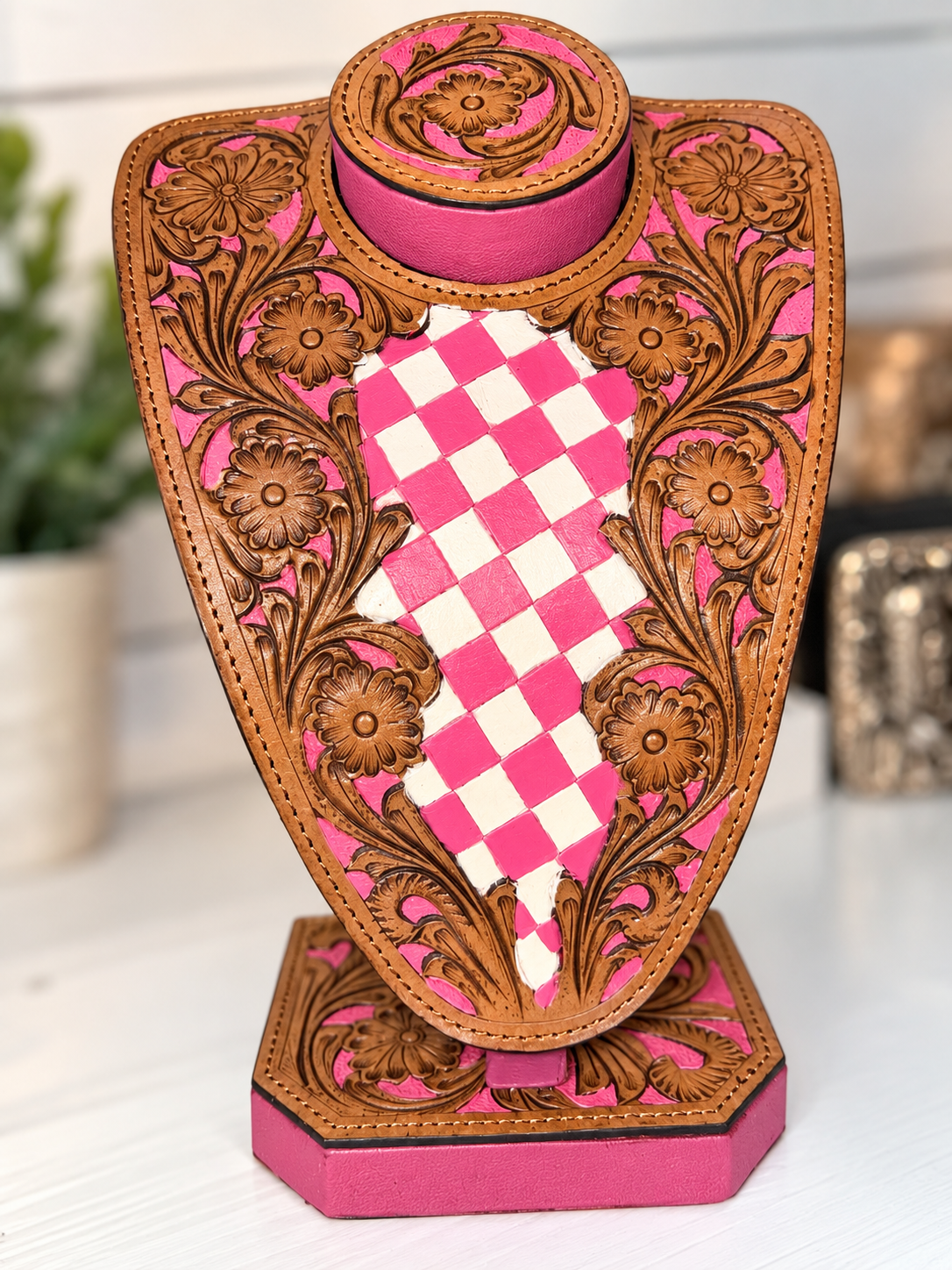 Tooled pink checkered jewelry bust!