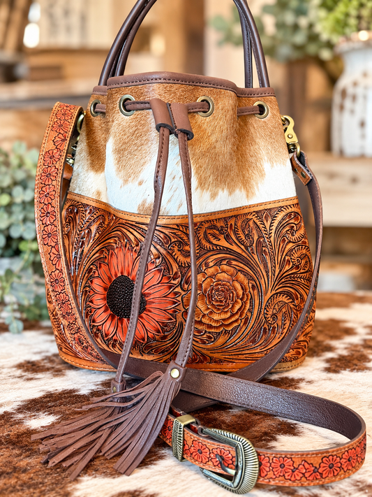 The Crystal Dawn tooled leather and cowhide bucket bag! Exclusively at Glitter & Grit!!