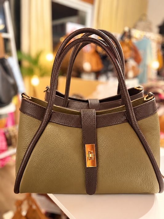 Two toned taupe and dark chocolate leather shopper tote large! Made in Italy!