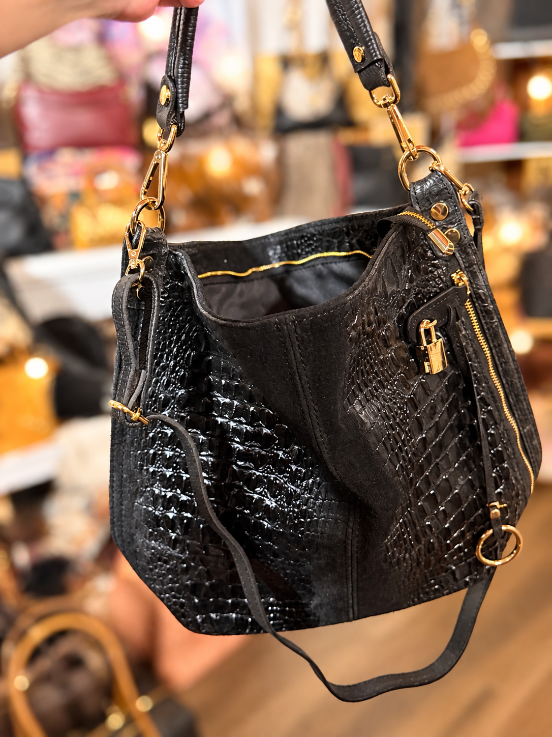 The Katie- Black croc embossed leather tote made in Italy