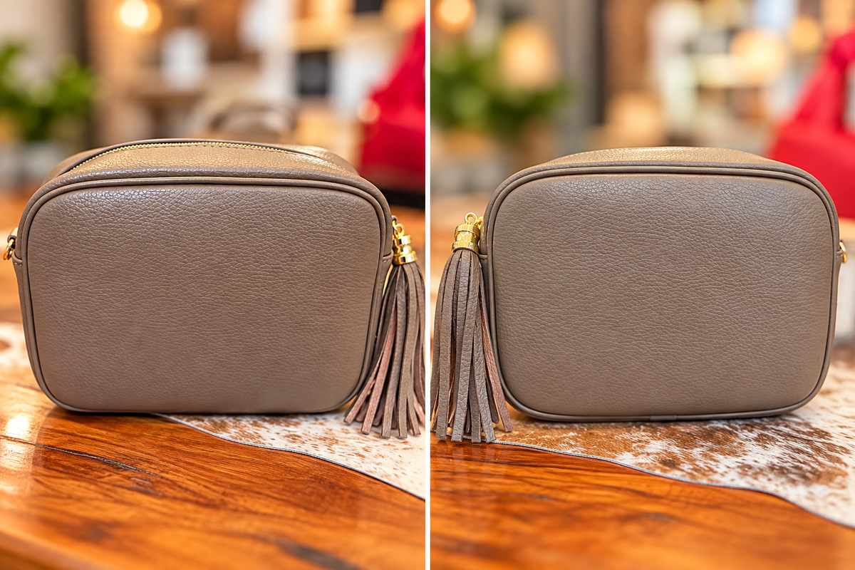 Dark Taupe peddle grain Italian leather crossbody with tassel!