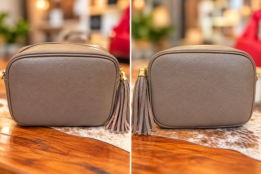 Dark Taupe peddle grain Italian leather crossbody with tassel!