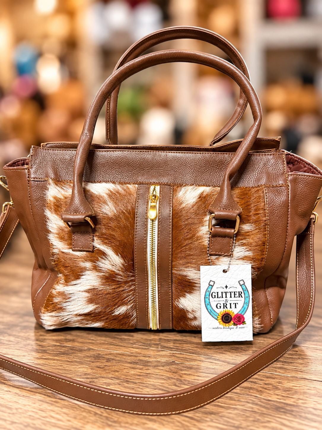 The Whiskey Willow tote with crossbody strap made with Brazilian cowhide! Exclusively for WGG!