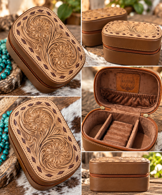 Western Glitter & Grit Tooled Leather Jewelry Travel Case

Western charm meets everyday organization! 🤎

Meet our beautiful Western Glitter & Grit Tooled Leather Jewelry Travel Case! Featuring gorgeous floral tooling, rich brown tones, and Western-inspir