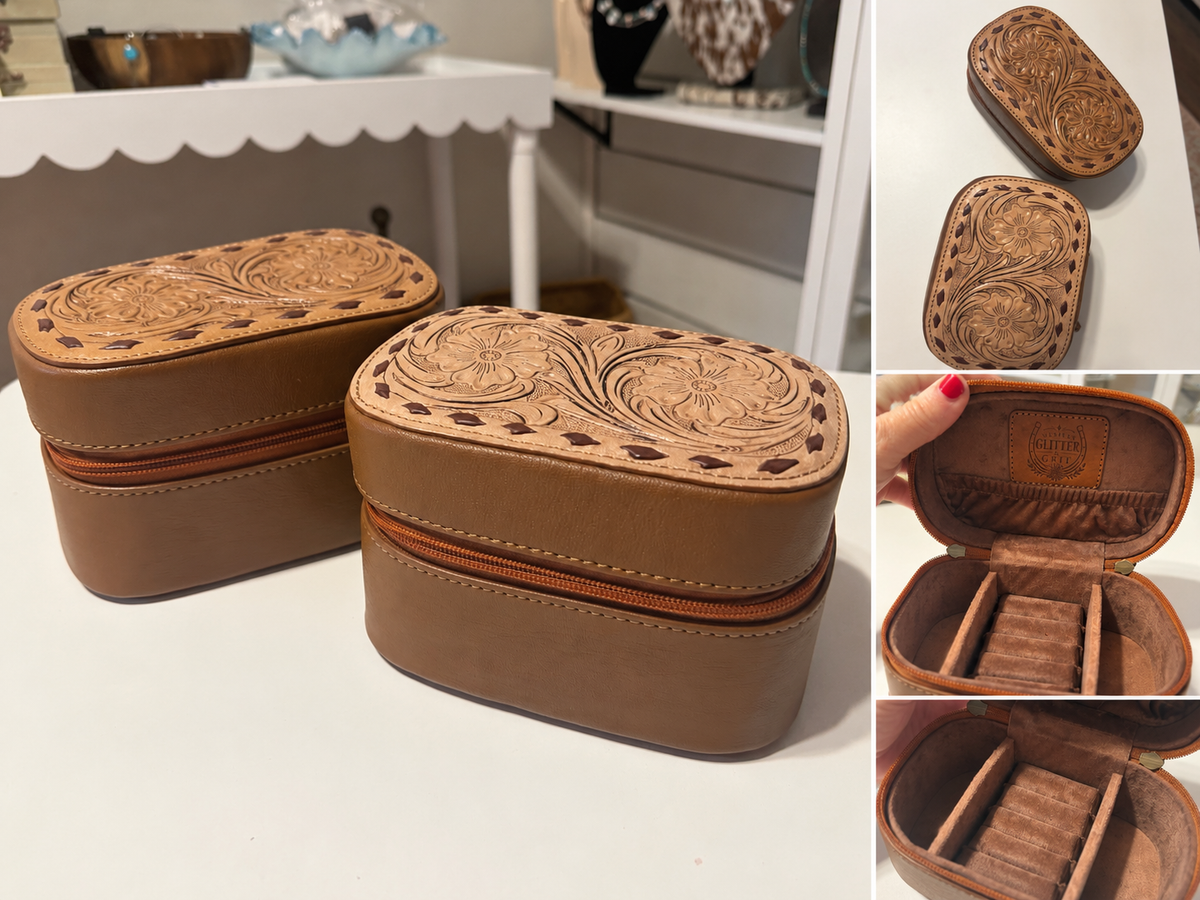 Western Glitter & Grit Tooled Leather Jewelry Travel Case

Western charm meets everyday organization! 🤎

Meet our beautiful Western Glitter & Grit Tooled Leather Jewelry Travel Case! Featuring gorgeous floral tooling, rich brown tones, and Western-inspir