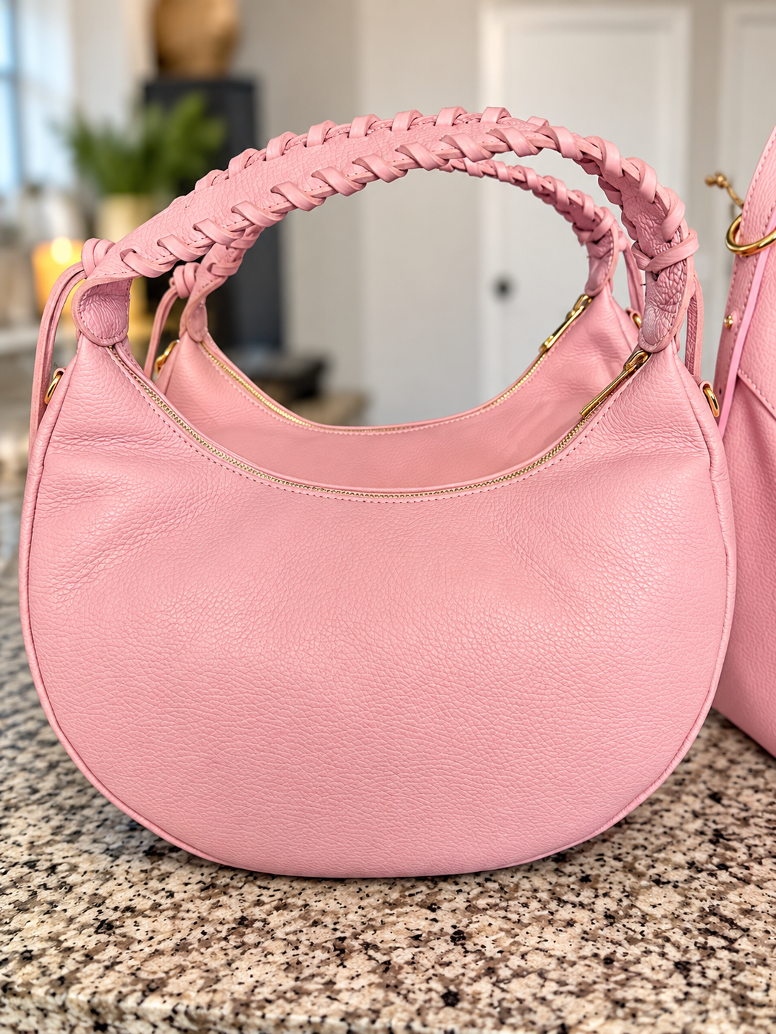 Braided Crescent Hobo Bag, baby blush, pink collection made in Italy