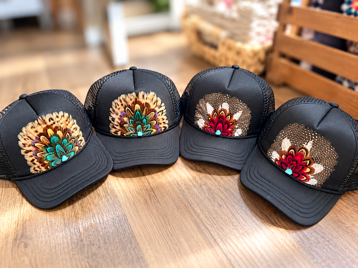 Western Feather Embellished Trucker Hat
