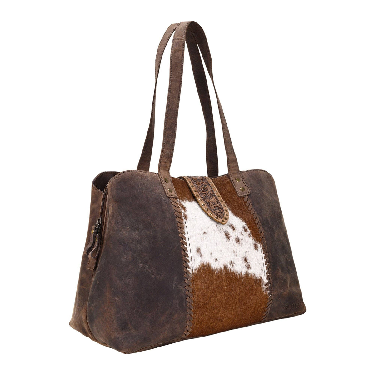 Myra Bag - Thornbluff Laptop Bag in brown with hair on and hand tooled flap - Brown