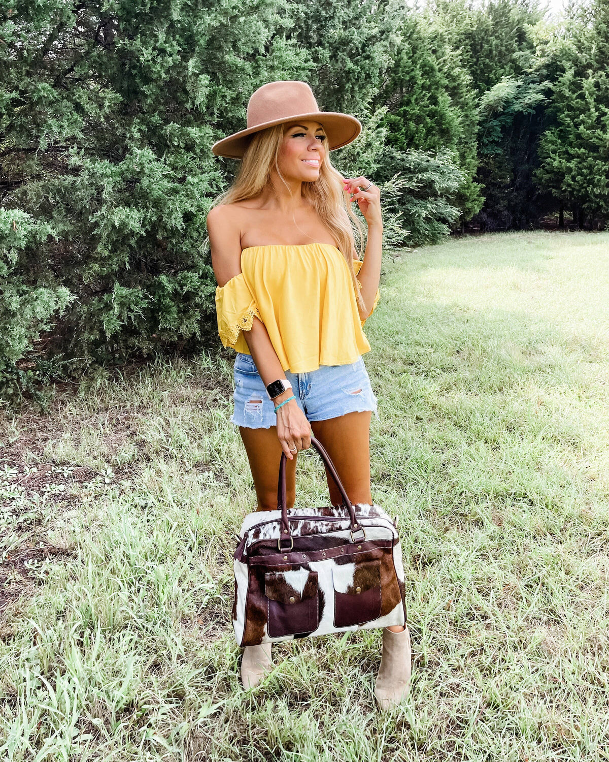 Boho Ranch Shop - Weekender Duffle Leather Hair On Cowhide Duffel Travel Bag - Brown +White Cowhide