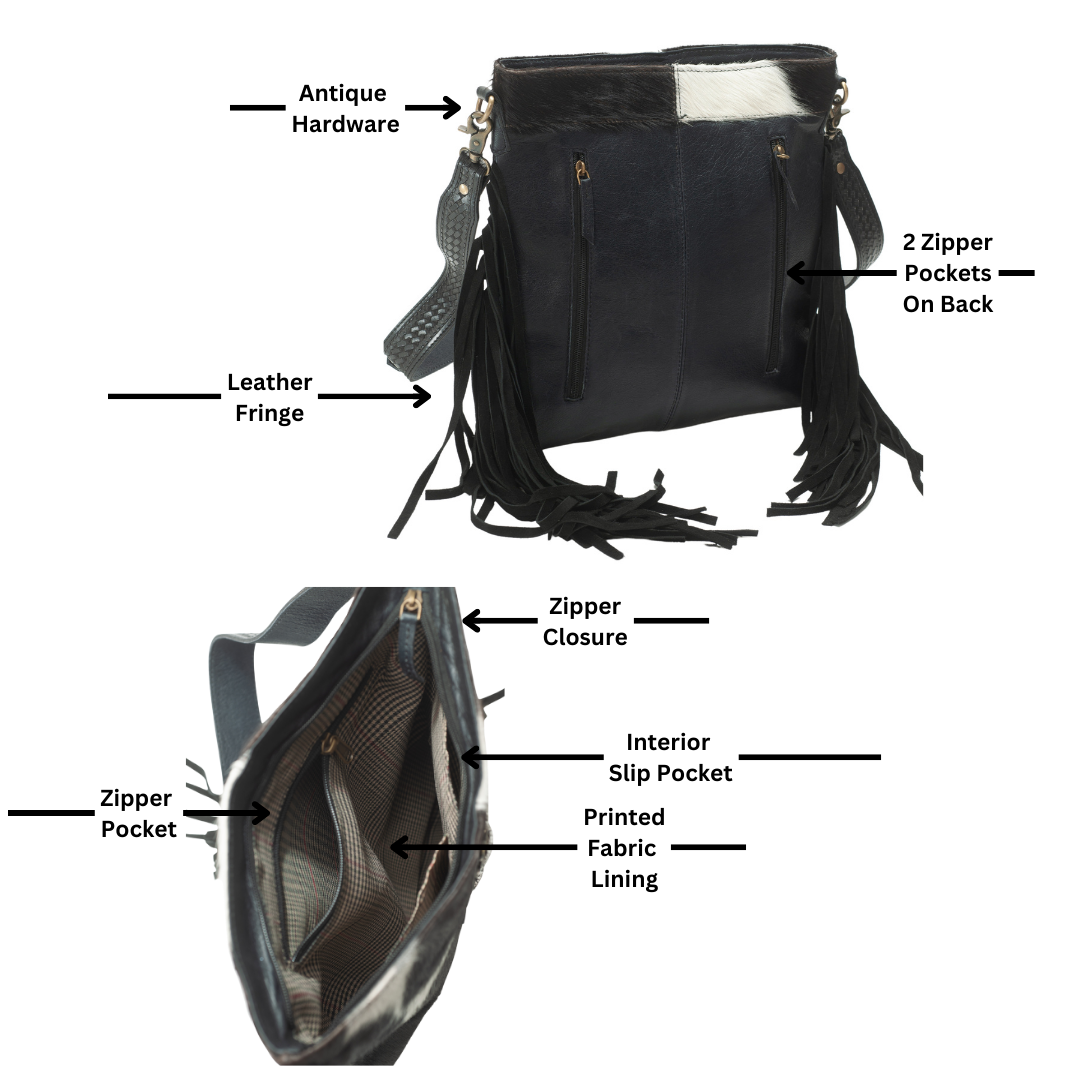 Leather Impressions Inc - American Bison Western Style Hair on Hide Fringe Crossbody - Black