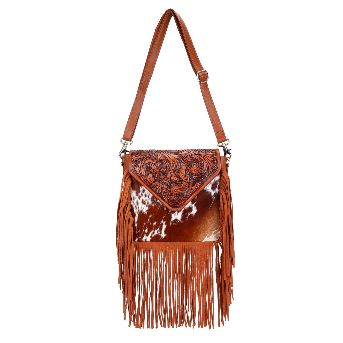 Leather Cowhide Western Hand Tooled Women Crossbody Bag - Tan Aztec with Turquoise Inlay