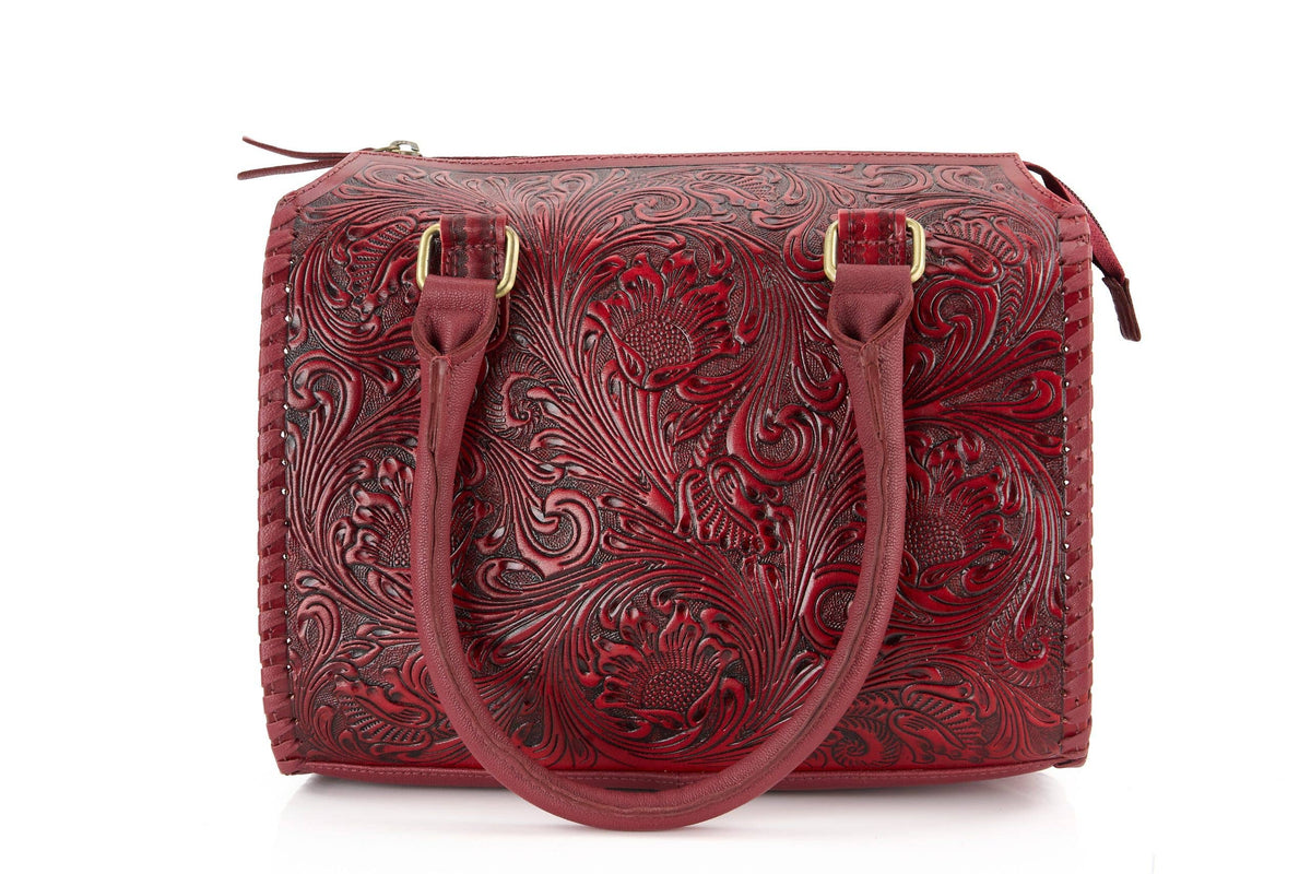 Leather Impressions Inc - Red Tooled Leather Barrel Bag – ABHB 18-26113