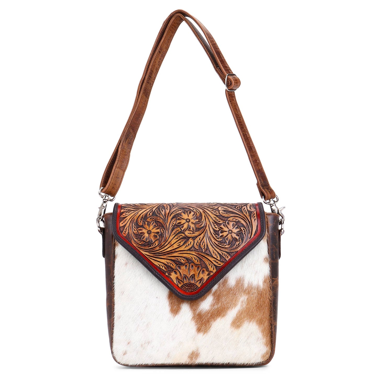 Leather Cowhide Western Hand Tooled Women Crossbody Bag - Tan Aztec with Turquoise Inlay