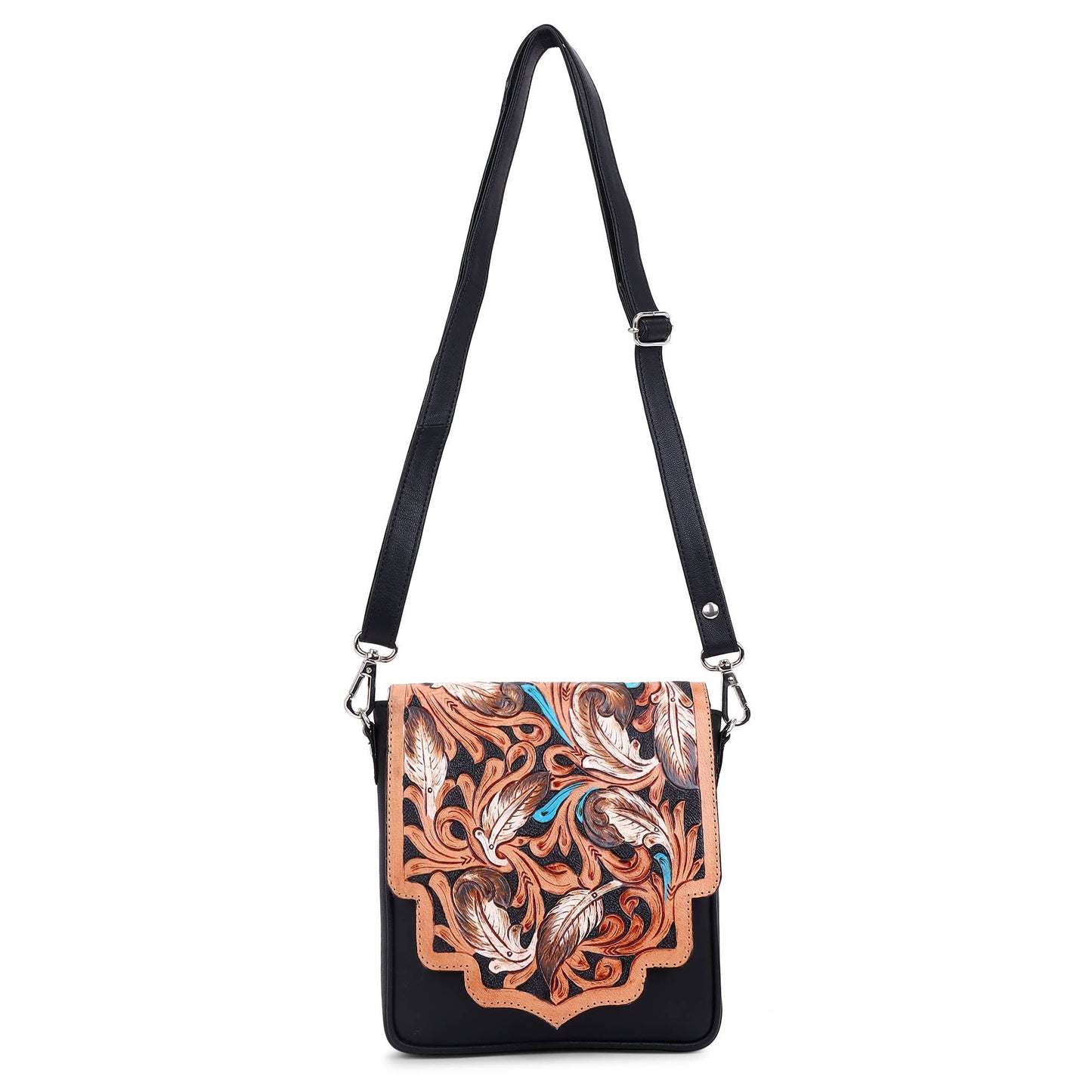 Sixtease Bags USA - Leather Cowhide Western Hand Tooled Women Small Crossbody - Black White Cowhide Inlay with Tan Floral Hand Tooled