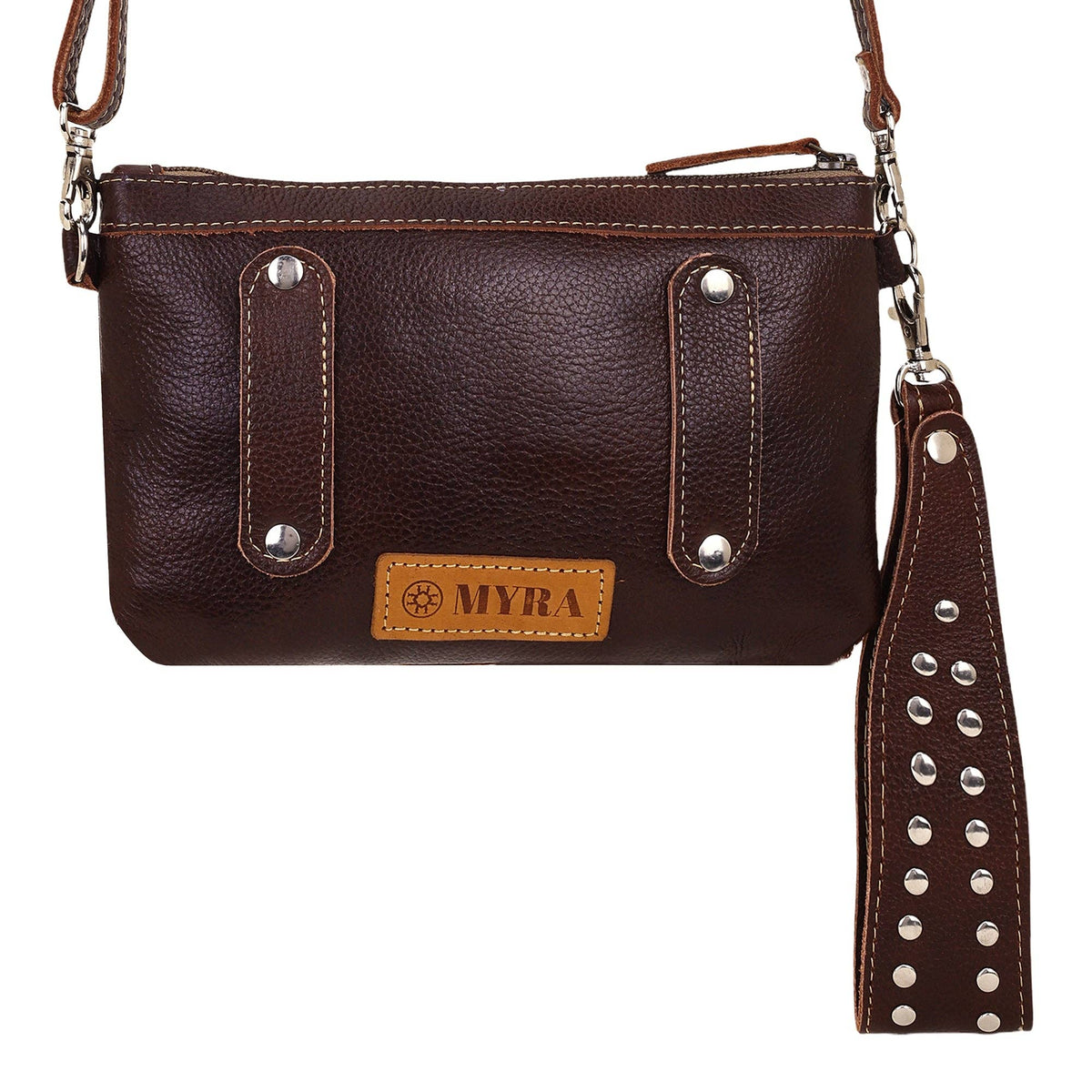 Myra Bag - Ocotillo Belt Bag for Women in brown with hair on cowhide and studs - Brown