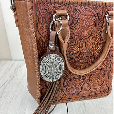 Western Elite Jewelry - PC260406-18                   Western Leather feather with brown tassel Purse charm
