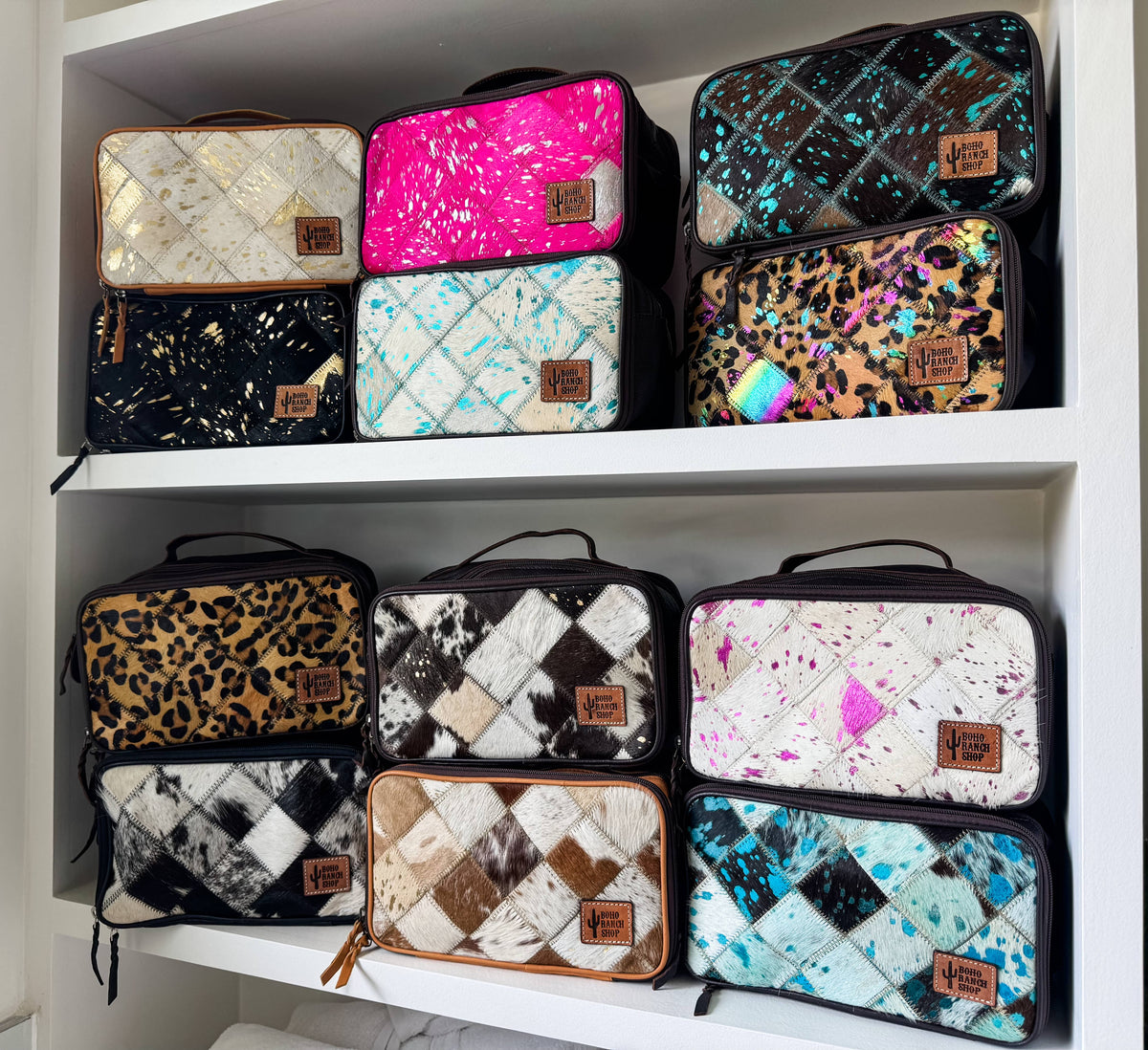 Boho Ranch Shop - MUA COWHIDE COSMETICS TRAVEL bag Genuine Leather makeup mua - TAN + WHITE COWHIDE